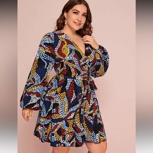 SHEIN Multicolor Pattern Long Sleeve Tie Fit & Flare Mini Dress Sz 2XL/16
